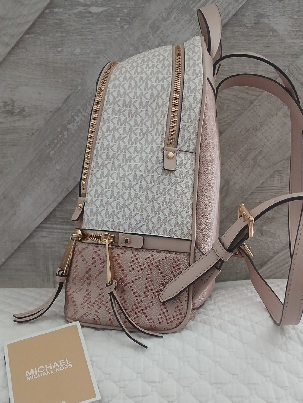 Michael Kors Blush Logo-Print Backpack with Gold Hardware - Picture 2 of 7